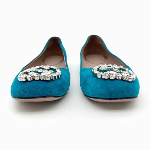 GUCCI Interlocking Crystal GG Ballet Flat Size 37 US 7 Teal Blue Suede - Picture 5 of 13